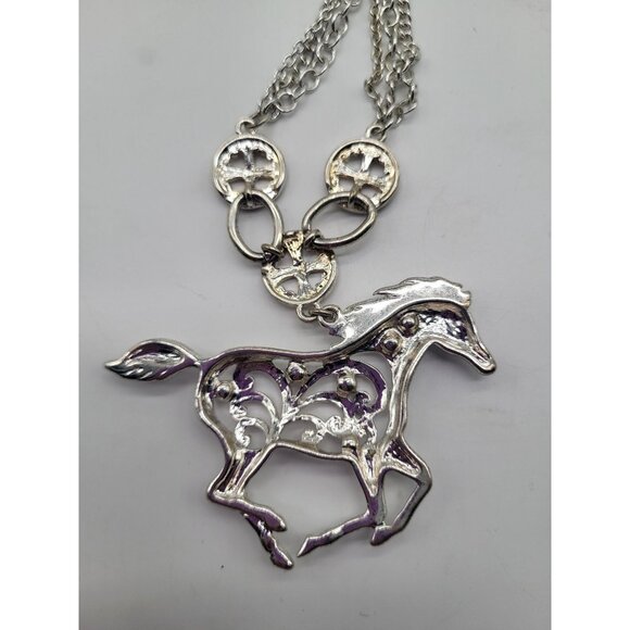 Silver Tone Western Cowgirl Ranch Country Horse Statement Necklace Rhinestone - Picture 5 of 9